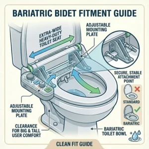 Technical drawing demonstrating how a bariatric bidet mounts securely onto an extra-wide, heavy-duty toilet seat.