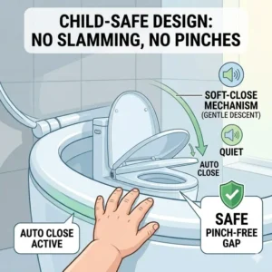 Illustration of a toddler in a bathroom safely using a toilet equipped with a pinch-free auto close toilet seat lid.