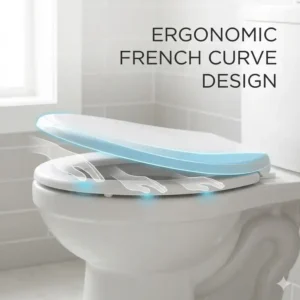 A side-view illustration highlighting the unique contoured ergonomic shape of a french curve toilet seat.