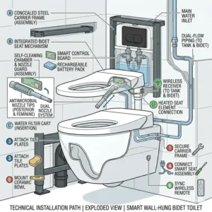 A technical cutaway view detailing the concealed tank and in-wall carrier frame installation for a wall hung bidet toilet.