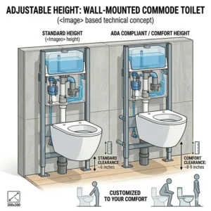 Graphic showing adjustable installation height options for a wall mounted commode toilet to improve accessibility.