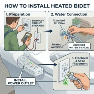 Step-by-step visual guide on how to connect a bidet heated unit to a power source.