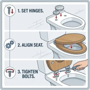 Comparison guide showing the difference between round and elongated wooden toilet seats dimensions.