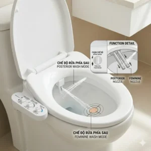 Visual graphic demonstrating the dual nozzle functionality and cleansing spray modes of a raised toilet seat with bidet.