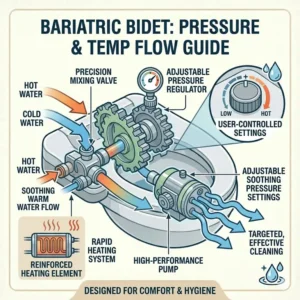 Graphic representation of the adjustable warm water flow and pressure settings on a high-performance bariatric bidet.