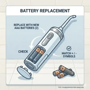 A simple graphic demonstrating how to safely replace the AAA batteries in a battery operated bidet.