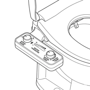 Close-up technical illustration of the water pressure and temperature control panel on a raised toilet seat with bidet.