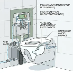 An educational graphic showing an eco-friendly dual flush actuator system integrated with a modern wall hung bidet toilet.