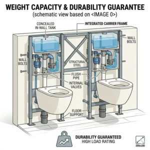 Illustration detailing the strong steel carrier frame support and weight capacity of a wall mounted commode toilet.