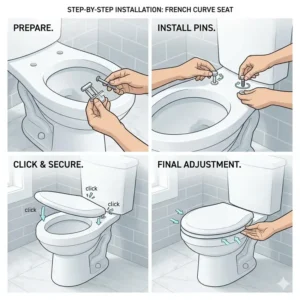 A step-by-step installation guide showing how to mount a french curve toilet seat securely.