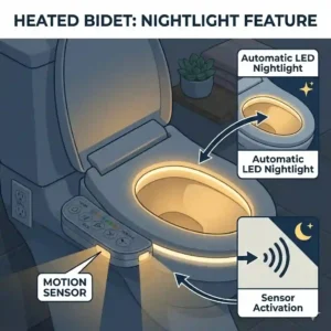 The glowing blue LED nightlight feature of a smart bidet heated toilet seat.