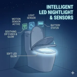 Line art illustration of a glowing blue LED nightlight built into an automatic sensor auto close toilet seat at night.