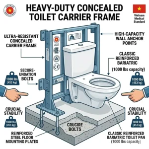 A robust wall hung support system for a modern toilet obese users install for space saving.