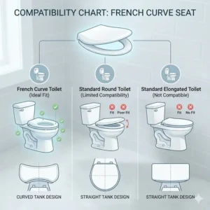 A compatibility chart comparing different toilet tank shapes with the specific french curve toilet seat design.