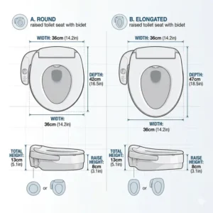 Sizing chart and clearance guide comparing round versus elongated options for a raised toilet seat with bidet