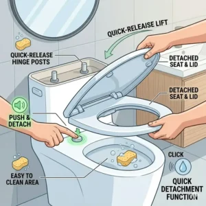 Illustration demonstrating how to use the quick-release buttons to detach an auto close toilet seat for easy cleaning.