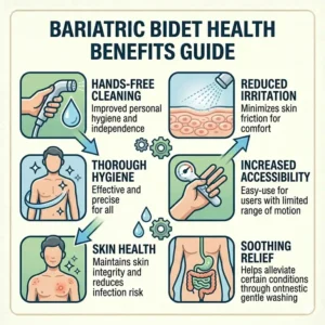 Icon-based illustration highlighting the skin health benefits and hands-free hygiene of using a bariatric bidet.