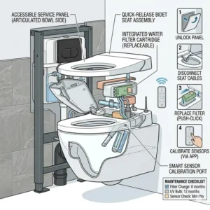 An illustration showcasing premium comfort features including a heated seat and LED nightlight on a luxury wall hung bidet toilet.