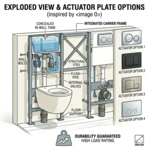 Illustration of different dual-flush actuator button designs for a wall mounted commode toilet.