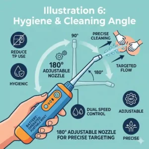 Illustration of the 180-degree adjustable nozzle on a battery operated bidet for precise cleaning.
