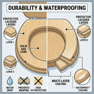 Illustration of the quick-release button feature for easy cleaning and maintenance of wooden toilet seats.