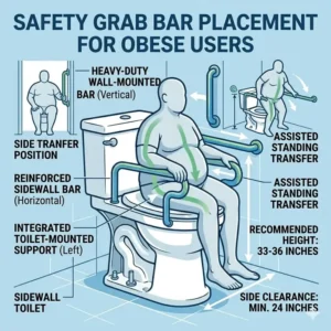 Proper safety grab bar placement surrounding a toilet obese individuals use for accessibility.
