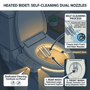 Detailed view of the self-cleaning hygienic nozzles of a bidet heated appliance.