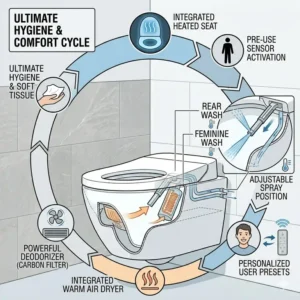 A practical diagram illustrating how simple it is to wash and clean the bathroom floor area underneath a wall hung bidet toilet.