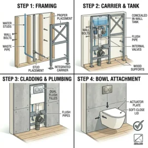 Step-by-step installation guide diagram for setting up a concealed carrier frame and a wall mounted commode toilet.