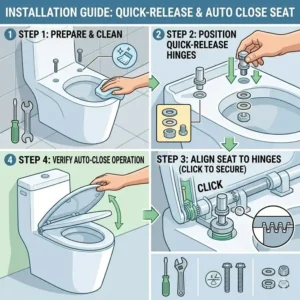 Graphic guide outlining the step-by-step DIY installation process for a new auto close toilet seat onto a standard toilet bowl.