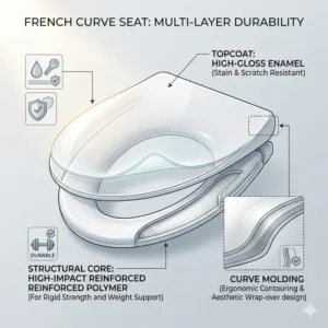 An exploded view illustration showing the durable multi-layer material construction of a french curve toilet seat.