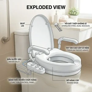 A medical accessibility illustration highlighting the padded safety armrests on a raised toilet seat with bidet.