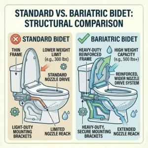 Comparison chart showing the structural differences and increased durability of a bariatric bidet versus a standard model.