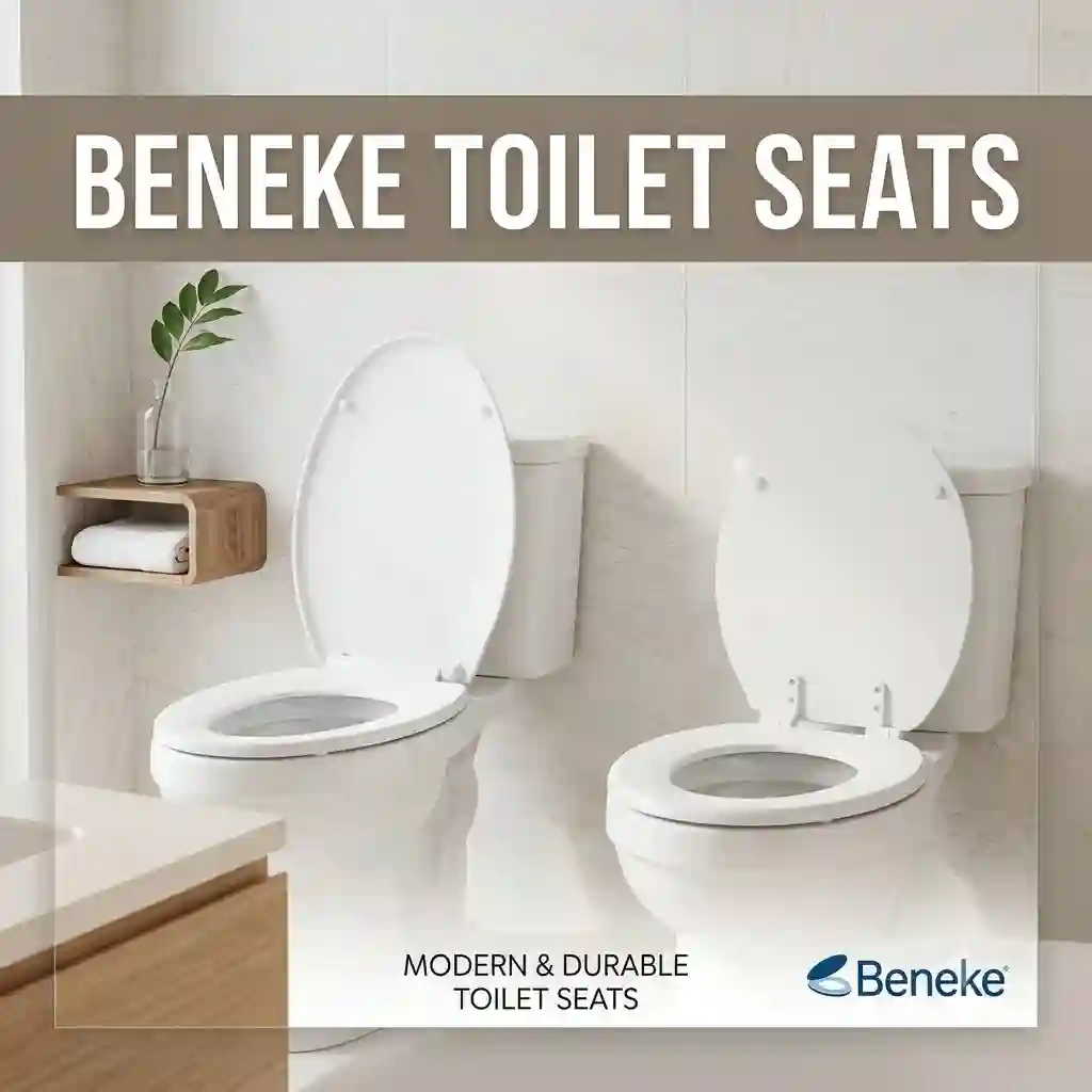 Modern bathroom display featuring both round and elongated beneke toilet seats.