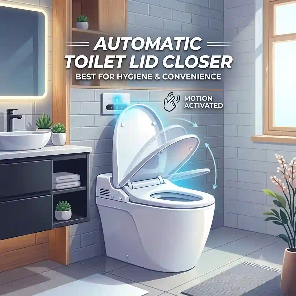 Modern bathroom interior showcasing a smart toilet with an automatic toilet lid closer smoothly lowering into place.