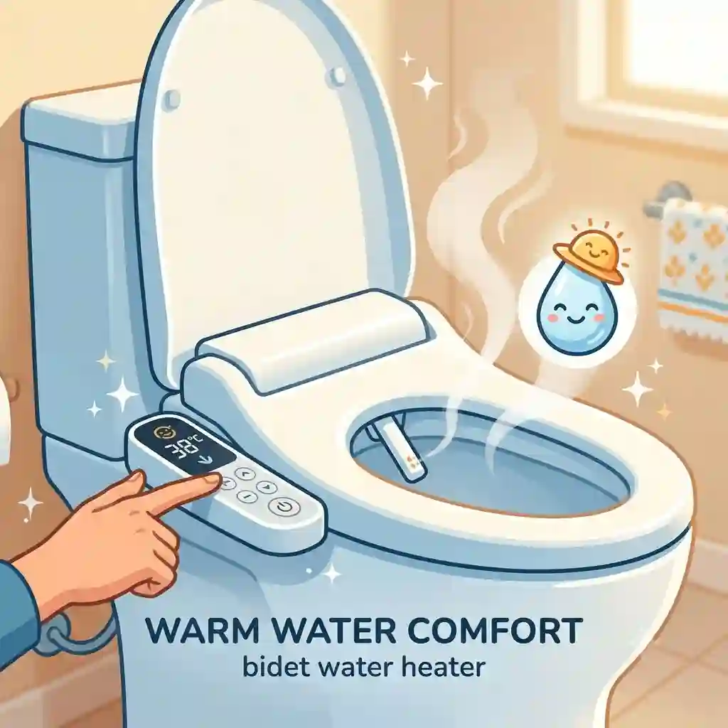 A modern bathroom toilet featuring an installed bidet water heater attachment providing warm water comfort.