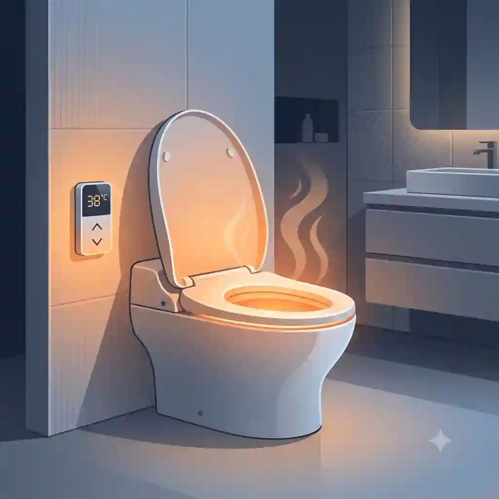 Modern luxury bathroom interior featuring an advanced ceramic smart toilet heated seat with ambient nightlight.
