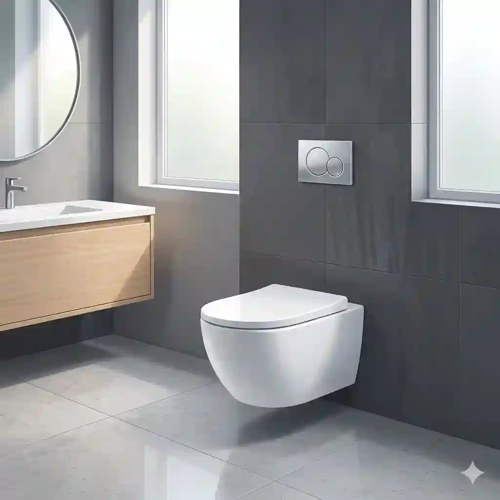 A sleek white wall mounted toilet bowl installed on a charcoal gray tiled wall in a modern bathroom.