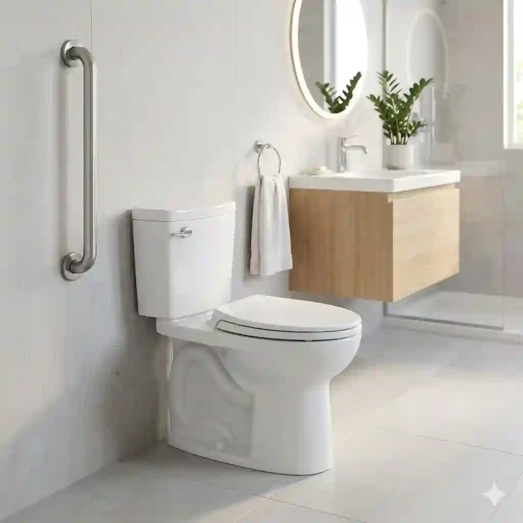 Modern bathroom interior showcasing a comfortable Toto ada toilets model with an elongated bowl and chrome trip lever next to a stylish grab bar.