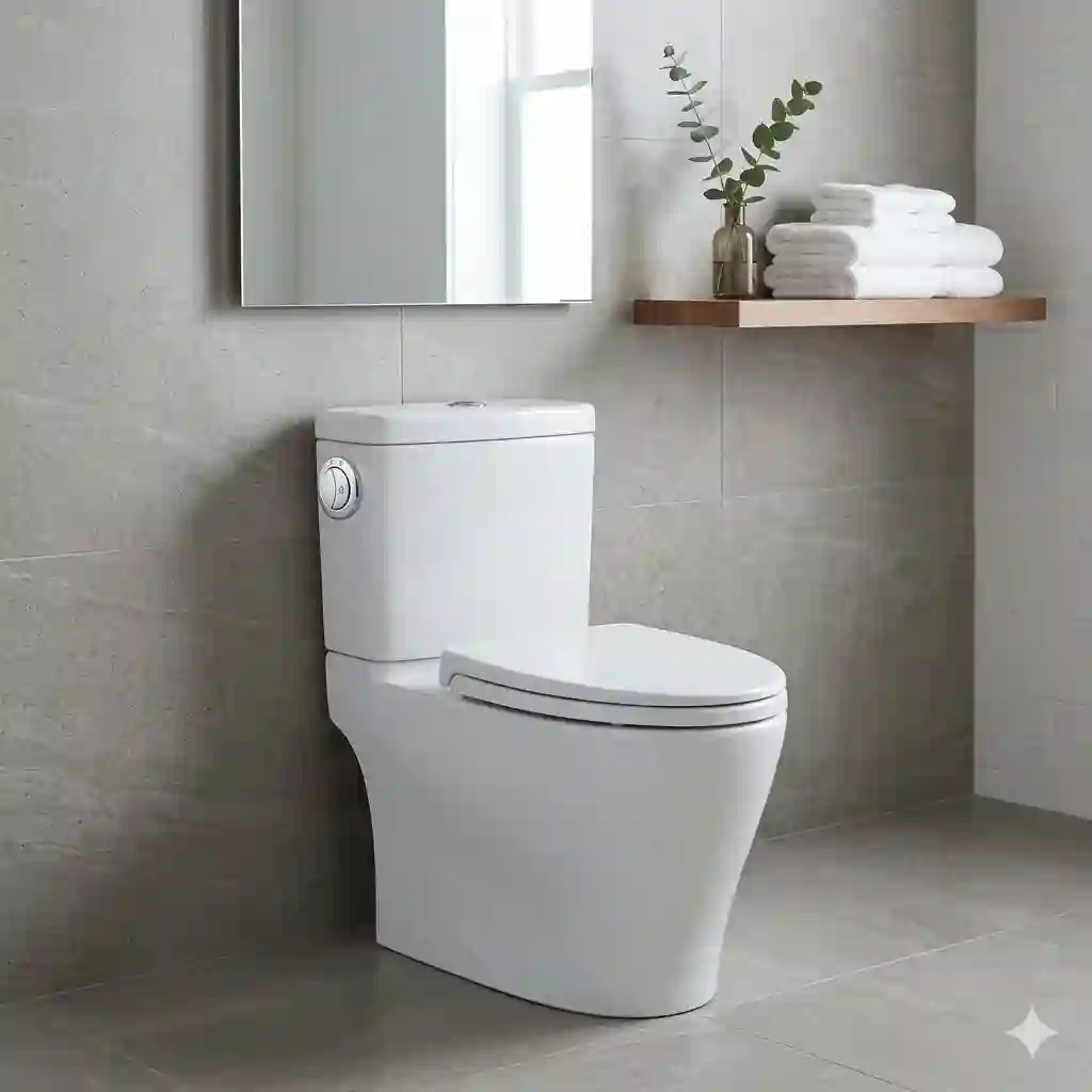 A modern bathroom showcasing an elegant toto dual flush toilet installed against a sleek tiled wall.