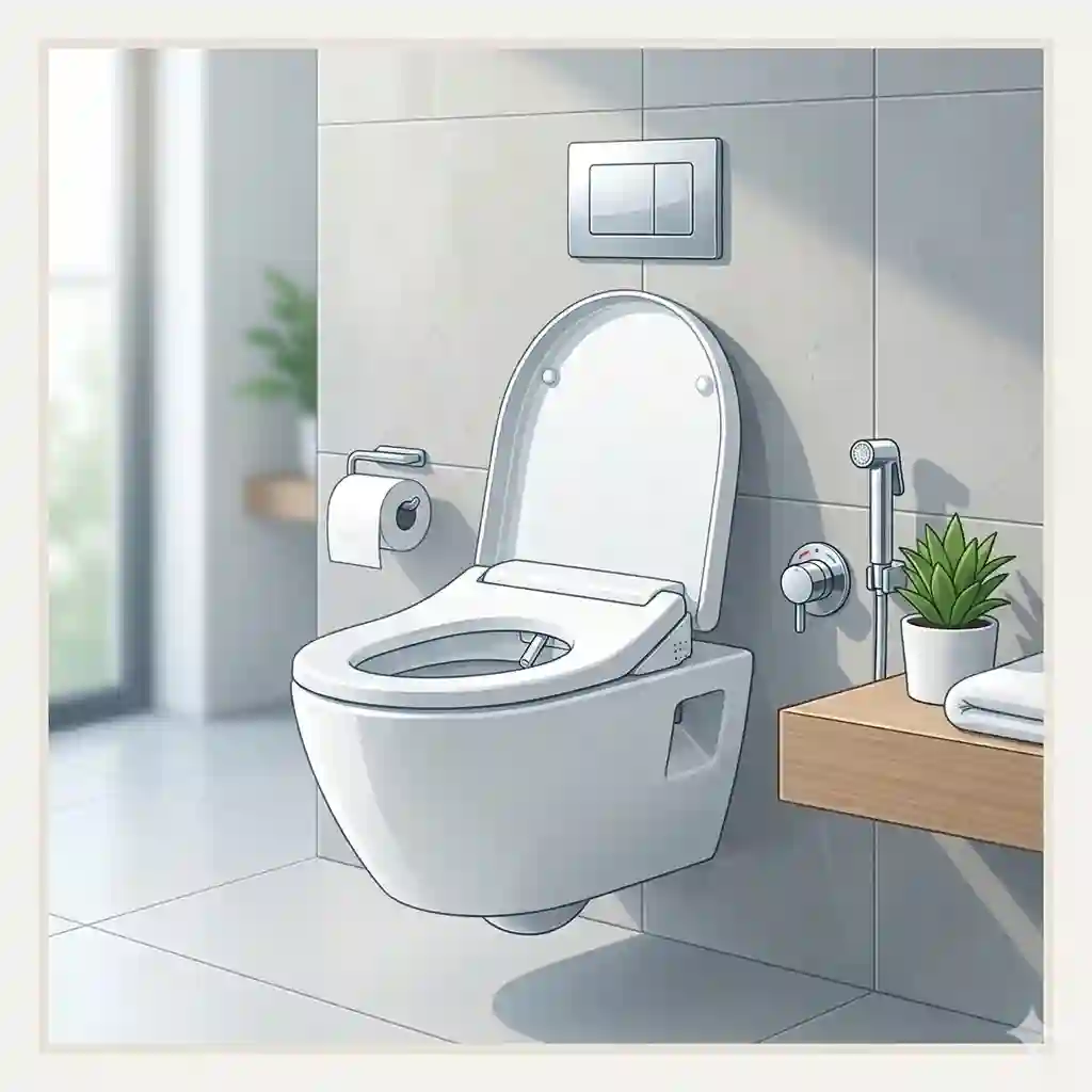 A modern minimalist bathroom featuring a sleek wall mounted toilet with bidet functionality, saving floor space against a grey tiled wall.