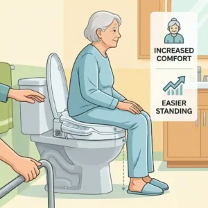 An illustration showing an elderly person comfortably using a toilet seat riser with bidet for better accessibility.