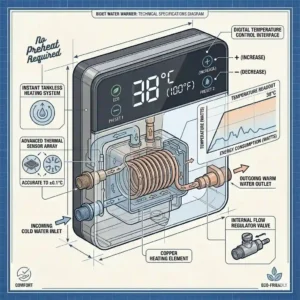 Close-up of digital controls on a bidet water warmer showing adjustable heat settings.