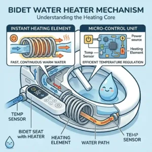 Diagram illustrating the internal heating element and water flow inside an electric bidet water heater.
