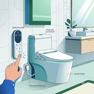 An illustration showing how to mount a bidet remote control cradle onto a bathroom wall using adhesive tape.