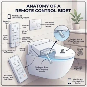 An illustrated diagram showcasing the main features and components of a modern remote control bidet seat.