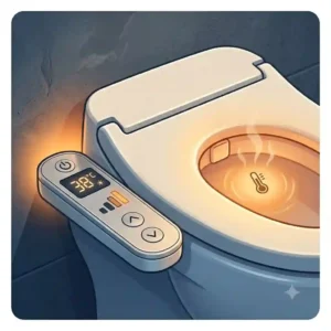 Wireless remote control interface showing adjustable temperature settings for a customizable toilet heated seat.