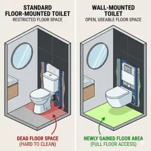 A floor plan diagram showing how a wall mounted toilet bowl creates more floor space in a small bathroom.
