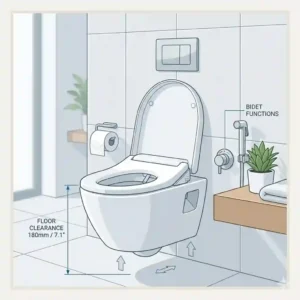 Illustration showing the floor clearance and space-saving design of a floating wall mounted toilet with bidet
