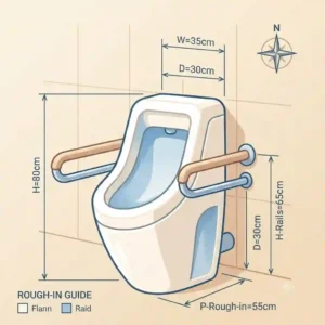 Architectural diagram showing standard installation and plumbing dimensions for a commercial standing toilet.